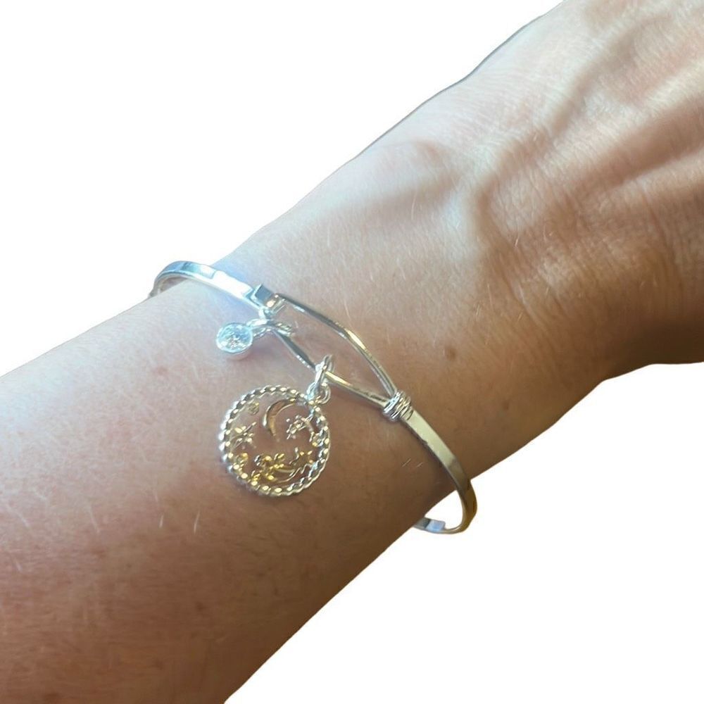 Moon and Stars Silver Tone Gold Accent Charm Hook Closure Fashion Charm Bracelet